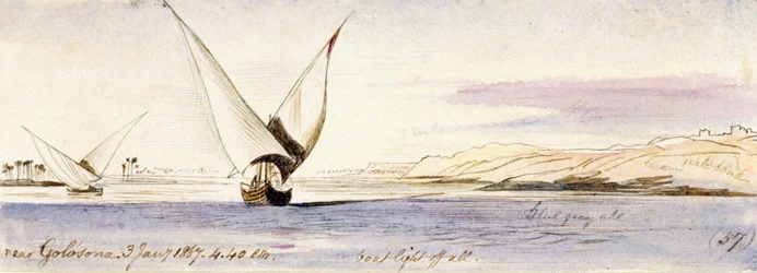 Vista del Nilo cerca de Golosona (Egipto), con una barca tradicional egipcia navegando. Dibujo en acuarela coloreada