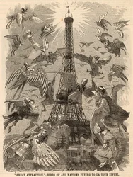 Aves de todas las naciones volando hacia la Torre Eiffel