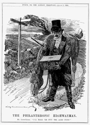 David Lloyd George (1863-1945) estadista liberal británico nacido en Gales. En 1908, como Canciller del Exchequer, Lloyd George introdujo su Ley de Pensiones de Vejez. Caricatura de Edward Linley Sambourne de Punch, Londres, agosto de 1908.