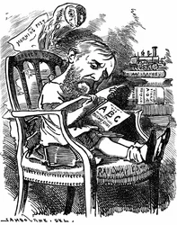 Evelyn Ashley (1836-1907) autor inglés y político liberal: hijo del 7º Conde de Shaftesbury. Caricatura de Edward Linley Sambourne en la serie Retratos de Fantasía de Punch Londres abril de 1881 cuando Ashley era subsecretario en la Junta de Comercio