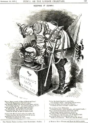 Manteniéndolo abajo. Otto von Bismarck (1815-1898) Canciller de Alemania, tratando de forzar al Jack del Socialismo a volver a su caja. El pie de foto le dice que cada acto de represión actúa como un elixir para el deseo humano de más libertad. Caricatura 