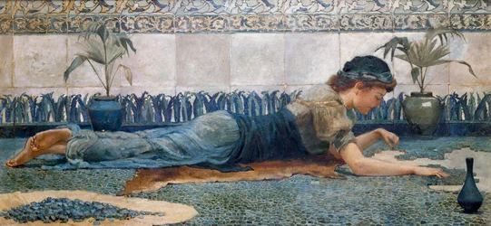 "Mosaico azul" Una joven en un ambiente antiguo se tumba en el suelo y lo cubre con mosaico. Pintura de Edward Matthew Hale (1852-1924) (prerrafaelita)