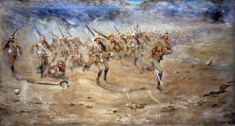 Regreso del Fore and Aft, Regimiento de Gloucestershire avanzando al ataque, Frontera Noroeste de India, 1897