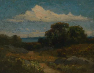 Paisaje con árboles y rocas junto al lago