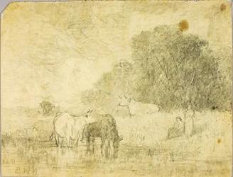 Paisaje con vacas en un estanque, dos figuras