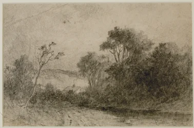 Paisaje con tejados detrás de los árboles (nº 49) c. 1880 (grafito sobre papel)