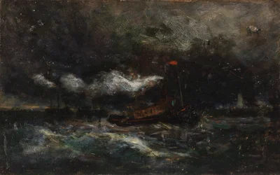 Tormenta, barco de luz de Brenton en tormenta, faro en el fondo, s.f.
