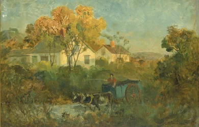 El estanque de bebida hombre en carro con bueyes en el estanque, 1895