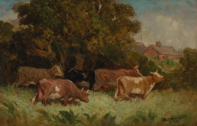 Sin título (cinco vacas en un prado, tejado al fondo)