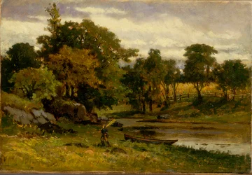 Sin título (paisaje, barco amarrado cerca de un arroyo, hombre caminando en primer plano)