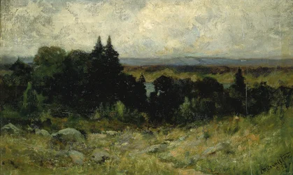 Sin título (paisaje, campos con rocas y árboles)