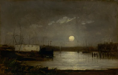 Sin título (luna sobre un puerto, escena de muelle con luna llena y mástiles de barcos)