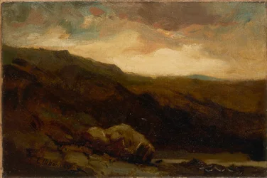 Sin título (paisaje montañoso con roca y arroyo en primer plano)