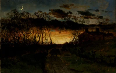Sin título (puesta de sol con cuarto de luna y granja)