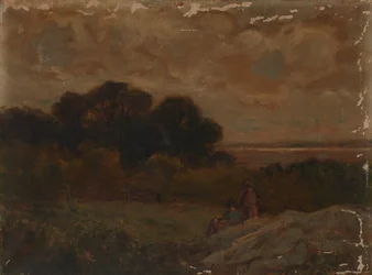 Paisaje Sin Título con Dos Mujeres Reclining en Rocas