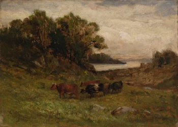 Sin título cinco vacas pastando con árboles y río en el fondo