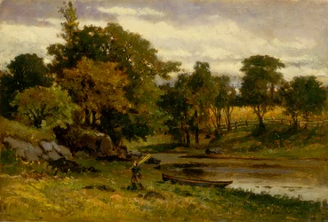 Paisaje sin título, barca amarrada cerca de un arroyo, hombre caminando en primer plano, 1879.