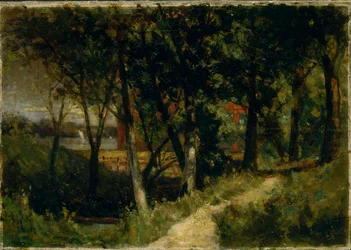 Paisaje sin título, escena de bosque con cerca roja y edificio, 1893