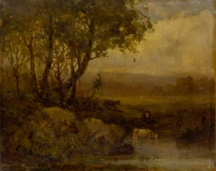 Paisaje sin Título, orilla del río, tres vacas