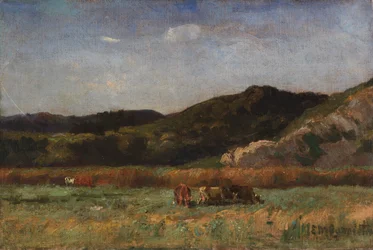 Paisaje sin título con vacas pastando, colinas