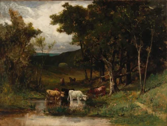 Paisaje sin título con vacas en el arroyo cerca de árboles