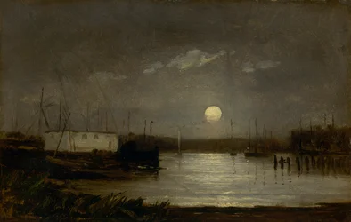Sin título luna sobre un puerto, escena de muelle con luna llena y mástiles de barcos