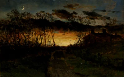 Puesta de sol sin título con cuarto de luna y casa de campo, 1883