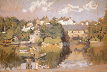 Edificios junto a un río (Óleo sobre cartón)