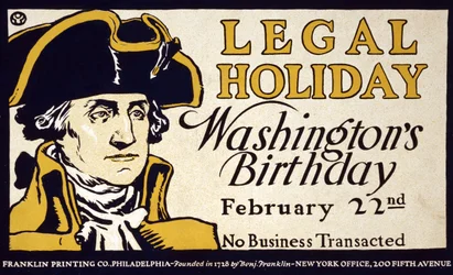 Día festivo legal, cumpleaños de Washington, 22 de febrero; No se transaccionan negocios, pub. 1890s
