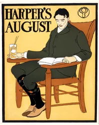 Hombre sentado en una silla naranja, en casa de August Harper