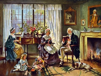 George Washington (1732-1799) Primer Presidente de los Estados Unidos de América (1789-1797). Washington en casa con su familia. Según pintura de Edward P Moran (1862-1935).