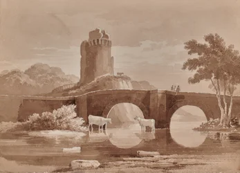 Paisaje con puente y vacas