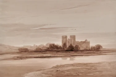 Paisaje con iglesia y río o lago