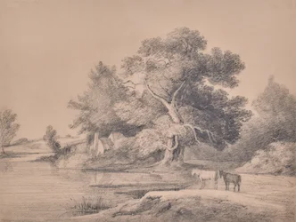Paisaje con caballos junto a un río