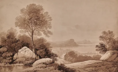 Paisaje con lago y casa de campo