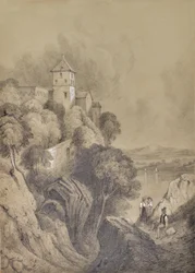Paisaje acuático con acantilado