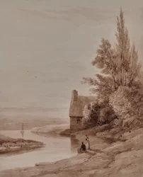 Paisaje acuático con figuras y una pequeña embarcación