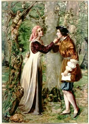 Celia diciendo a Rosalind que Orlando está en el bosque