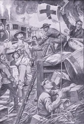 Falsos ambulancieros destruyendo almacenes en Komati Foort bajo la cobertura de la bandera de la Cruz Roja, ilustración de Después de Pretoria: La Guerra de Guerrillas, 1902