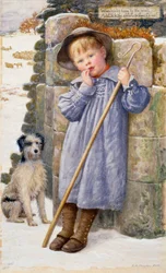 "Dick el pastor" Un pastorcillo con los dedos en la boca, vestido con un delantal. Pintura de Edward Robert Hughes (1851-1914) (prerrafaelita) 1902 Colección particular