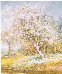Recogiendo flores, de revista o libro de fuente desconocida (litografía en color)