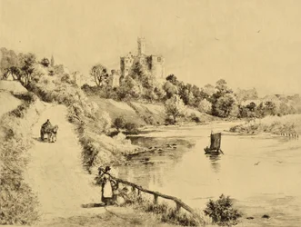 El Coquet: El castillo de Warkworth desde la carretera de Amble, c.1880 (grabado)