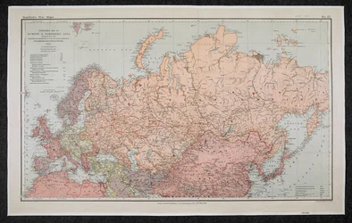 Mapas de guerra de Stanford n. ° 27, mapa de Europa y el norte de Asia que muestra la ruta del gran ferrocarril siberiano y las conexiones troncales este y oeste, la ruta terrestre japonesa a Europa