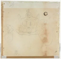 Study for Cab and Front Left Wheel of Coach and Study for Head of Crowned Figure Seated on Top of Coach (verso)