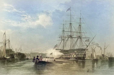 Buque insignia de la Armada británica saludando en el puerto de Gosford, Inglaterra. siglo XIX (grabado)