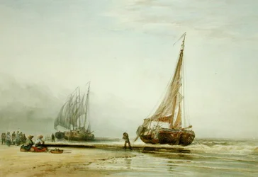 Barcos de pesca holandeses en la playa con grupos de pescadores