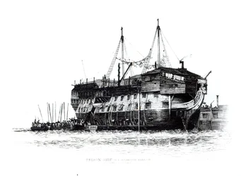 Barco prisión en el puerto de Portsmouth: convictos abordando, 1828