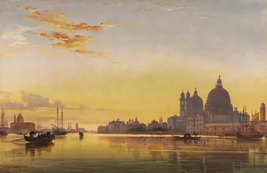 Atardecer en la laguna de Venecia, iglesia de Isola di San Giorgio en Alga a lo lejos
