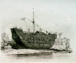 El "Discovery" (en Deptford), el barco que acompañó al Capitán Cook en su último viaje.