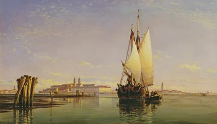 Las colinas Euganeas y la laguna de Venecia - Trabaccola esperando la marea, atardecer, 1853